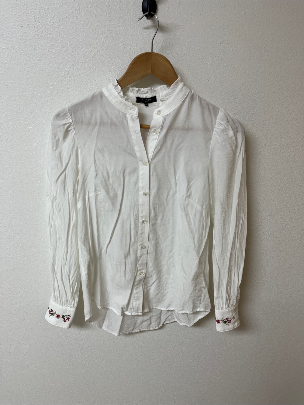 FRNCH White Button-Down Blouse with Ruffle Neck and embroidered detail